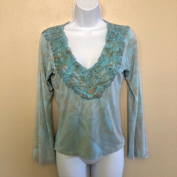 Mezon Tops - Mezon Woman’s Embroidered Rhinestone Tied Dyed Embellish V-Neck Top Size S
